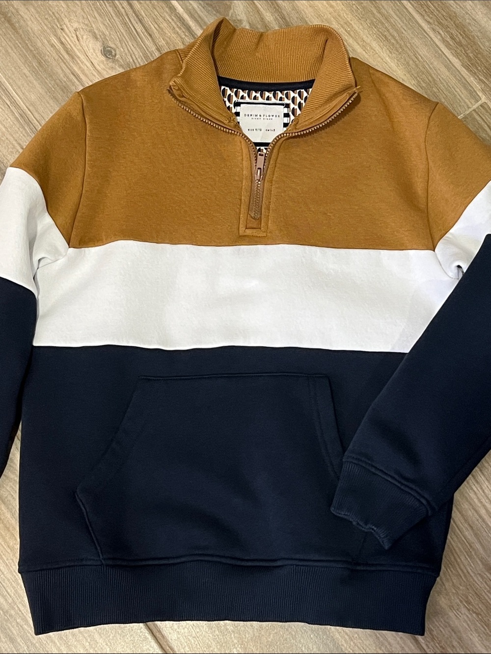Boy’s Denim & Flower Colorblock Quarter-Zip Sweater in Brown, White & Navy